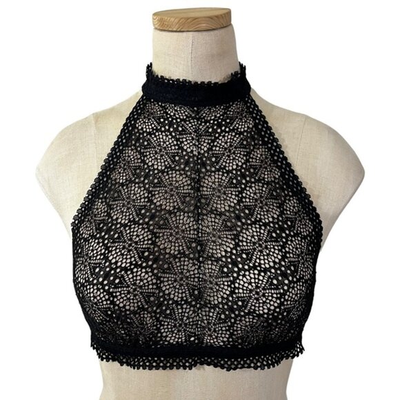 Victoria's Secret black lace bra S mesh high neck bralette underwire no padding - Picture 1 of 7